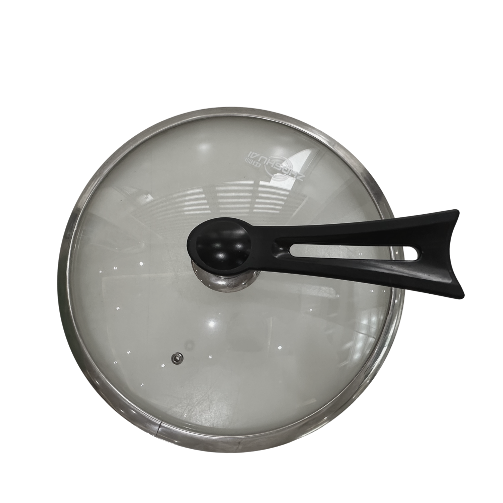 Poêle à wok chinoise en fonte robuste de 14 pouces avec manche en bois et couvercle en verre