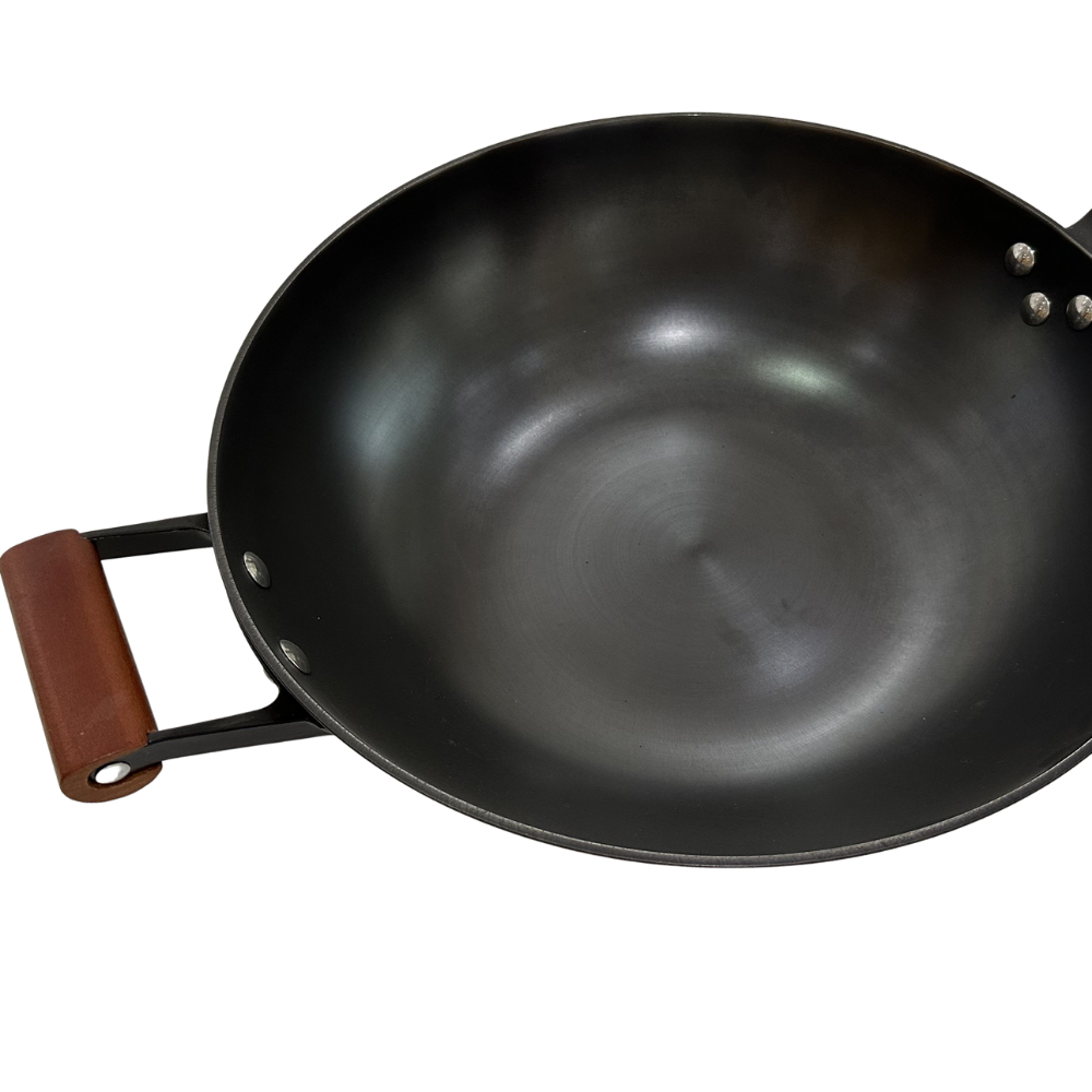 Poêle à wok chinoise en fonte robuste de 14 pouces avec manche en bois et couvercle en verre